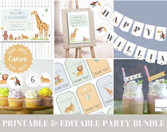 May include: Printable and editable jungle-themed party decorations for a child's birthday. The set includes an invitation, a welcome sign, a banner, cupcake toppers, favor tags, and straw flags. The decorations feature a giraffe, lion, tiger, toucan, and other jungle animals.