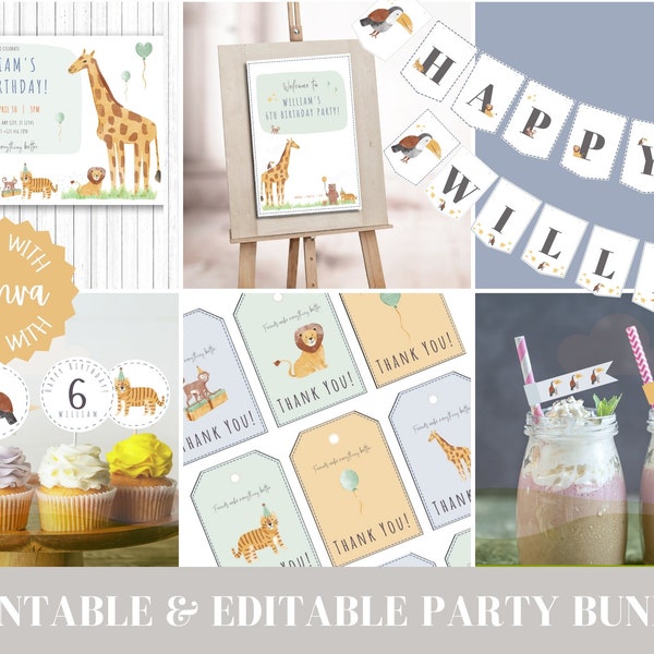 Editable Safari Birthday Bundle | Wild Animal Birthday Bundle | Instant Download Birthday Kit | Birthday Invitation Template | Party Decor