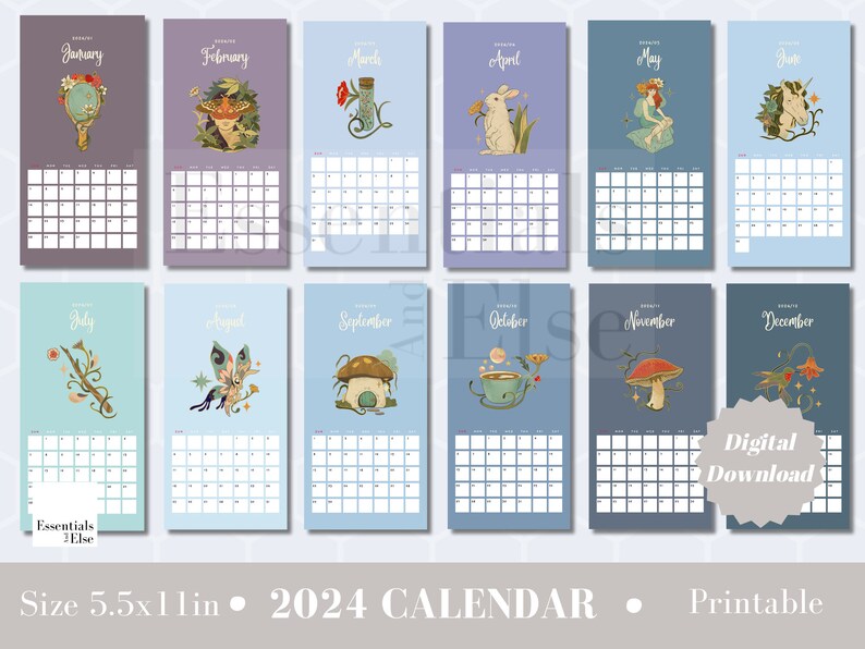 2024 Calendar Illustrated Calendar 2024 Printable Planner Calendar Wall