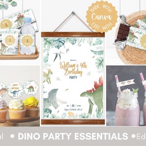 Editable Dinosaur Birthday Bundle | Dino Invitation | Dino Welcome Poster | Dino Labels & Tags | Dino Cupcake Toppers | Dino Party Decor