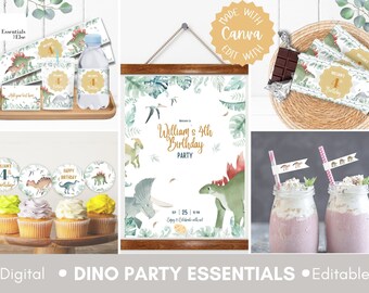 May include: A set of printable dinosaur party decorations in green, brown, and yellow. The set includes a sign that says "William's 4th Birthday Party", cupcake toppers, water bottle labels, favor bags, and straws with dinosaur flags. The decorations are made with a watercolor style and feature dinosaurs, leaves, and a jungle theme.