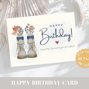 Tarjeta de cumpleaños imprimible 7x5in / Tarjeta de botas de cumpleaños Descarga instantánea / Saludo Gard imprimible / Botas de jardinería de acuarela Deseos de cumpleaños