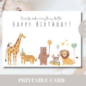 Tarjeta de cumpleaños imprimible para niños / Tarjeta de felicitación para niños / Tarjeta de cumpleaños plegable / Tarjeta de cumpleaños de animales / Tarjeta de cumpleaños del mejor amigo / Peluche