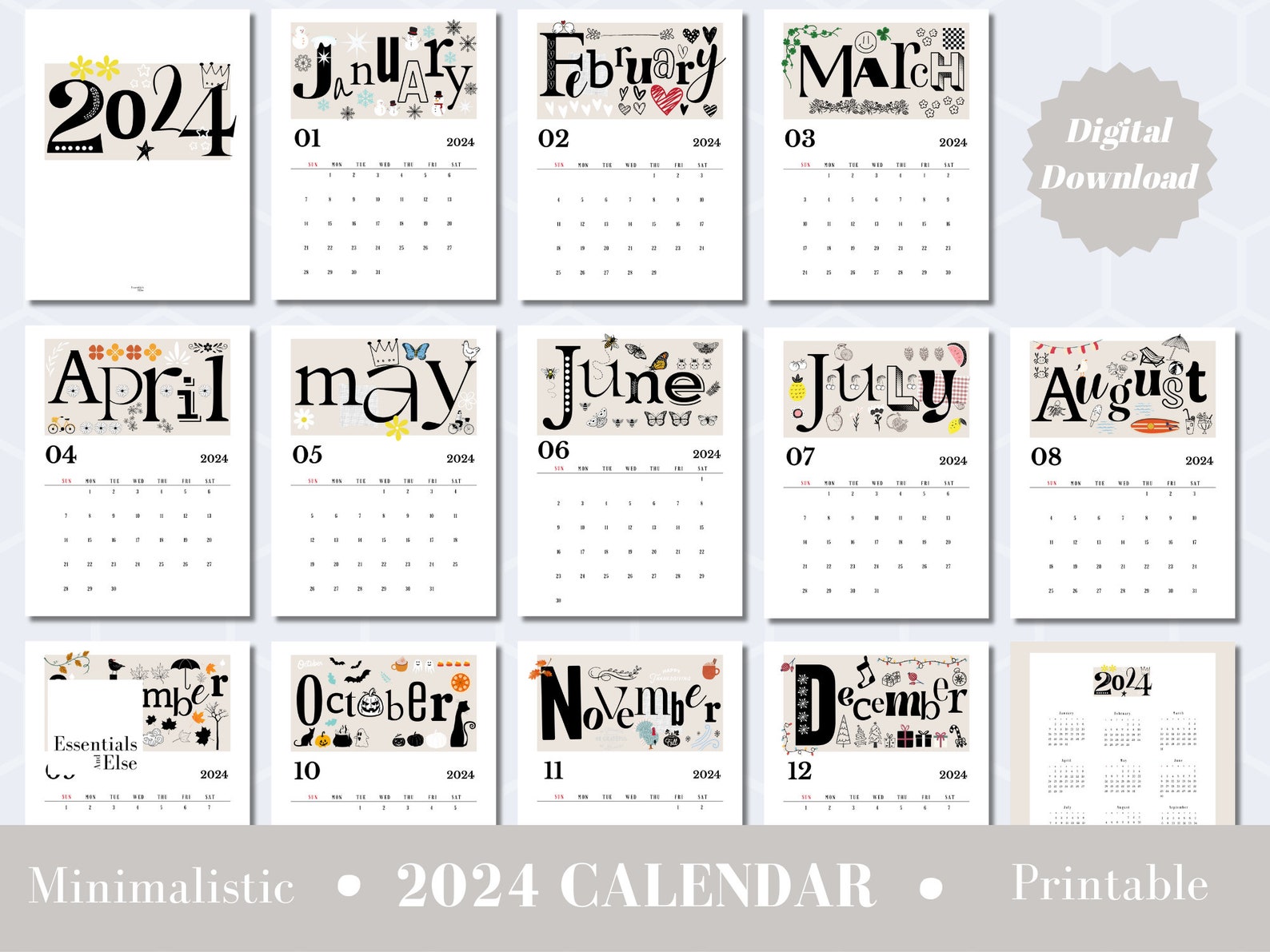 2024 Calendar Instant Download Calendar Letter Art Calendar 2024 Wall