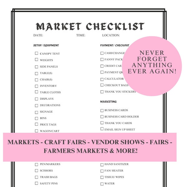 Market checklist, Popup shop checklist, vendor checklist, vendor booth list, pop-up list, flea market list, craft fair list, art fair list.