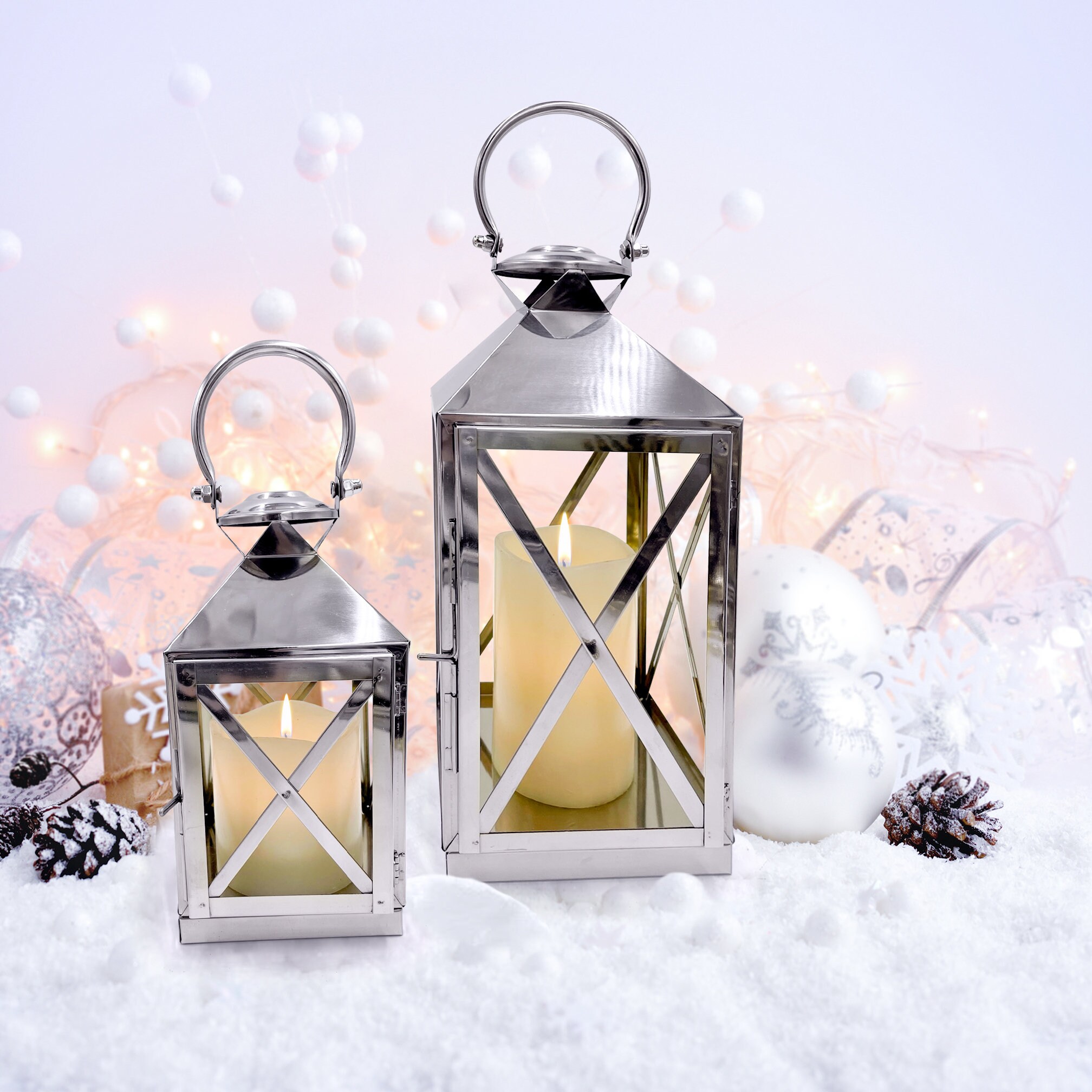 STAINLESS STEEL LANTERN Candle Holder/ set of 2, Decorative Hanging Candle  (No Glass), Lantern Set use Outdoors, Holiday Decor, Weddings