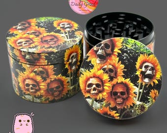 Sunflower Skulls Scary Spooky 50mm 4-Piece Metal Custom Tobacco Grinder Gift