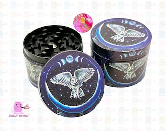 Lunar Owl Night Sky Stars Moon Cycles - 50mm 4-Piece Premium Quality Custom Metal Tobacco Grinder Cute Gift Idea