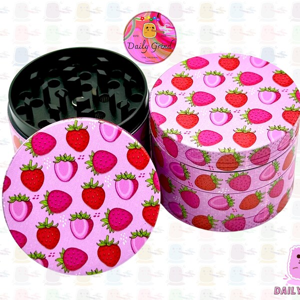 Strawberry Fruit Colourful Pink Cartoon Juicy Fruit 50mm 4-Part High Quality Metal Kitchen Herb Grinder Cute Gift Idea