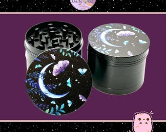 Butterfly & Moth Crescent Moon - 50mm Custom 4-Piece Metal Tobacco Grinder - Christmas Gift