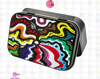 Wavy Colourful Pattern Cute Hippy 1oz Black Stash Coins Crystals Jewellery Hinge Lid Tobacco Tin Box Cute Gift Idea