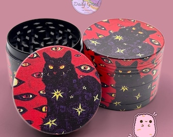Black Cat Witchy Cartoon - Red 50mm Custom 4-Piece Metal Tobacco Grinder - Christmas Gift