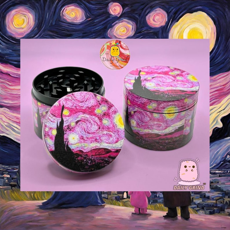 A four piece Metal Tobacco Grinder with a colourful design. The grinder features a pink artistic vision of the night sky. The inside of the grinder is black. the background of the image is pink and The Daily Grind logo is visible in the corner of the image