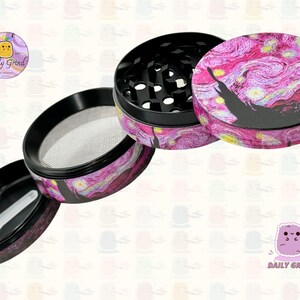 A four-piece metal Tobacco Grinder disassembled and showing all the different layers, the top two contain the grinding teeth and the bottom two are for storage. The grinder is designed with an artistic classic pink illustration of the night sky. the daily grind logo is in the corner of the image