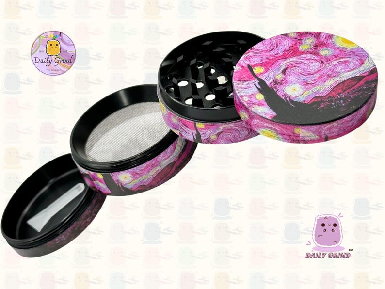 A four-piece metal Tobacco Grinder disassembled and showing all the different layers, the top two contain the grinding teeth and the bottom two are for storage. The grinder is designed with an artistic classic pink illustration of the night sky. the daily grind logo is in the corner of the image