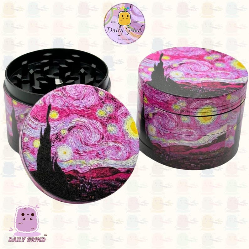 A four piece Metal Tobacco Grinder with a colourful design. The grinder features a pink artistic vision of the night sky. The inside of the grinder is black. the background of the image is white and The Daily Grind logo is visible in the corner of the image