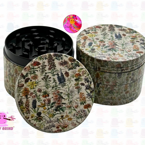 Vintage Botanical Flowers & Fauna Species Chart Design - 50mm 4 Piece Premium Quality Custom Metal Kitchen Herb Grinder Cute Gift Idea