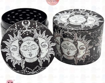 Sun & Moon Black and White - 50mm 4 Piece Premium Custom Metal Tobacco Grinder Shredder Cute Gift