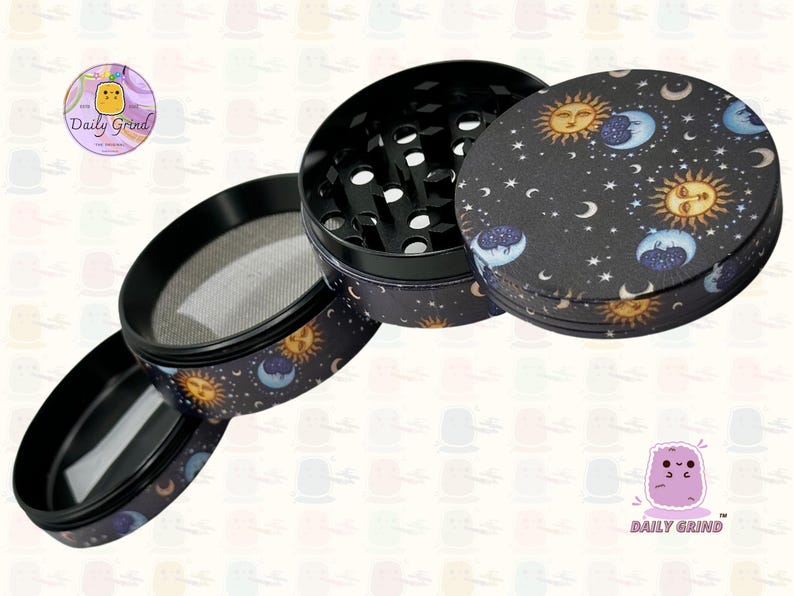 A four piece Metal Tobacco Grinder with a spiritual astrology design disassembled and showing all the different layers, the top two contain the grinding teeth and the bottom two are for storage. The grinder features a cartoon sun & moon in a dark night sky full of stars . The inside of the grinder is black. The Daily Grind logo is visible in the corner of the image