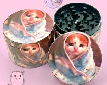 Sad Kitty Wrapped Blanket Kitten Crying - 50mm Custom 4-Piece Metal Tobacco Grinder - Christmas Gift