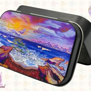Small Metal Tin Box with Hinged Lid - Vibrant Coastal Art Scene