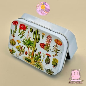 Cactus Chart Small Metal Tin: White Storage Box with Lid