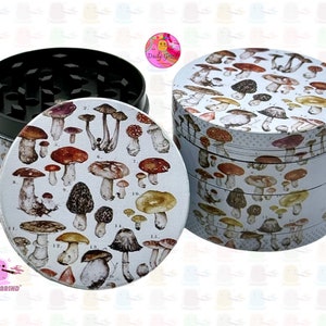 Tabla botánica vintage de hongos para recolección de hongos - Molinillo de tabaco de metal personalizado premium de 50 mm, regalo bonito