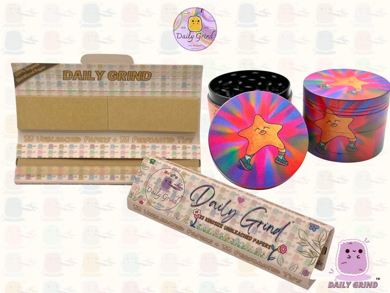A light brown and beige box with the text 'Daily Grind' and ‘Kingsize Unbleached Papers' on it. The box is open and there are brown papers inside. There is a tobacco grinder with a very happy and confident star character in the middle with rays of light behind him next to the box and The 'Daily Grind' logo is in the corner of the image
