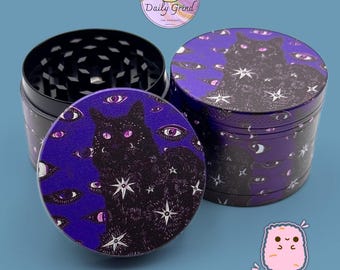 Black Cat Witchy Cartoon - Blue / Purple 50mm 4-Piece Metal Custom Tobacco Grinder Gift