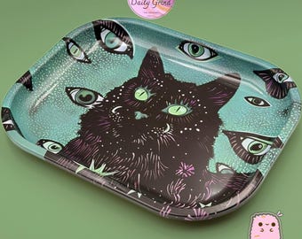 Black Cat Witchy Cartoon - Multi-Use Metal Tray - 14x18cm - Storage Gift