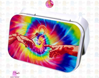 Michelangelo Sistine Chapel Tie Dye Birth of Man Art 1oz White StashCoinsCrystalsJewellery Hinge Tin Box Cute Gift Idea