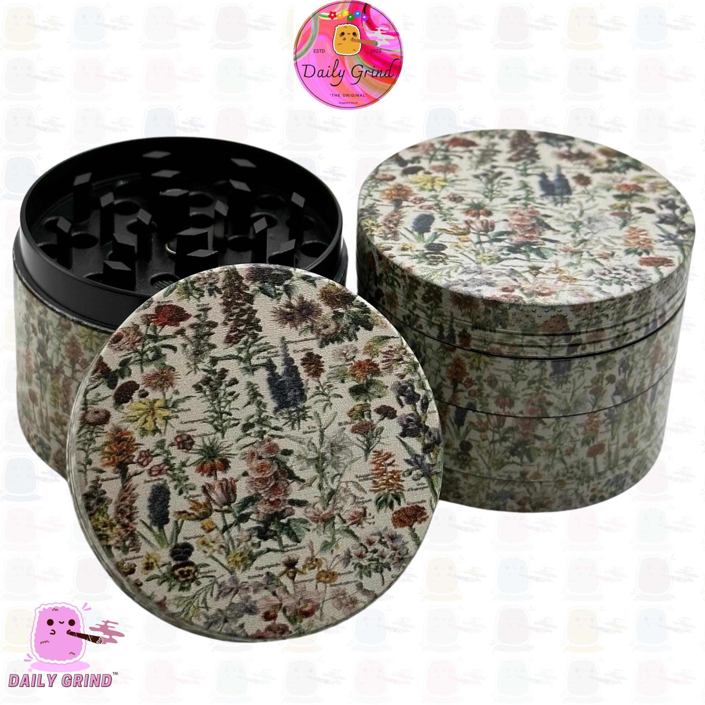 Botanical Flowers 50mm Tobacco Grinder: Vintage Style 4-Piece