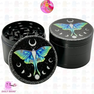 Lunar Moth Metal 50mm Tobacco Grinder: Moon Cycles, Butterfly Design