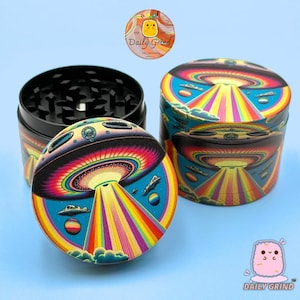 Colourful UFO Alien Space Ship - 50mm 4-Piece Metal Custom Tobacco Grinder Gift