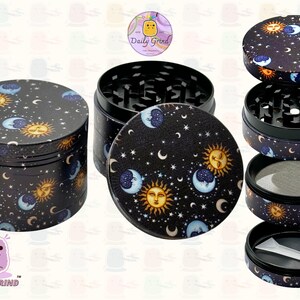 A four piece Metal Tobacco Grinder with a spiritual astrology design disassembled and showing all the different layers, the top two contain the grinding teeth and the bottom two are for storage. The grinder features a cartoon sun & moon in a dark night sky full of stars . The inside of the grinder is black. The Daily Grind logo is visible in the corner of the image