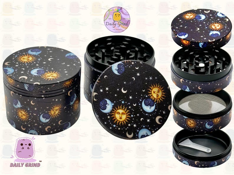 A four piece Metal Tobacco Grinder with a spiritual astrology design disassembled and showing all the different layers, the top two contain the grinding teeth and the bottom two are for storage. The grinder features a cartoon sun & moon in a dark night sky full of stars . The inside of the grinder is black. The Daily Grind logo is visible in the corner of the image