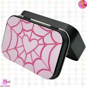 Pink Spider Web 1oz Black Crystal/Jewellery/Coins/Bits & Pieces/Hide/Make Up/ Hinge Lid Metal Tin Box Gift