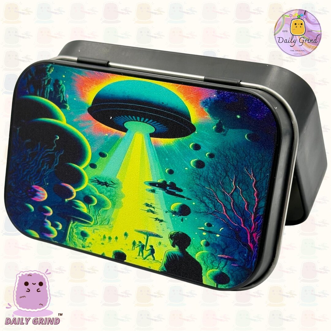 Small Metal Storage Tin Box With Hinged Lid - Alien Abduction UFO ...