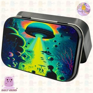 Small Metal Storage Tin Box With Hinged Lid - Alien Abduction UFO Apocalypse