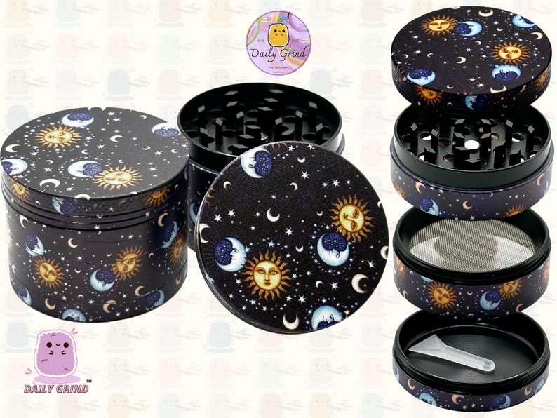 A four piece Metal Tobacco Grinder with a spiritual astrology design disassembled and showing all the different layers, the top two contain the grinding teeth and the bottom two are for storage. The grinder features a cartoon sun & moon in a dark night sky full of stars . The inside of the grinder is black. The Daily Grind logo is visible in the corner of the image