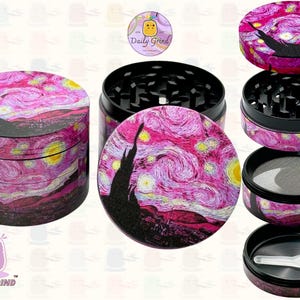 A four-piece metal Tobacco Grinder disassembled and showing all the different layers, the top two contain the grinding teeth and the bottom two are for storage. The grinder is designed with an artistic classic pink illustration of the night sky. the daily grind logo is in the corner of the image