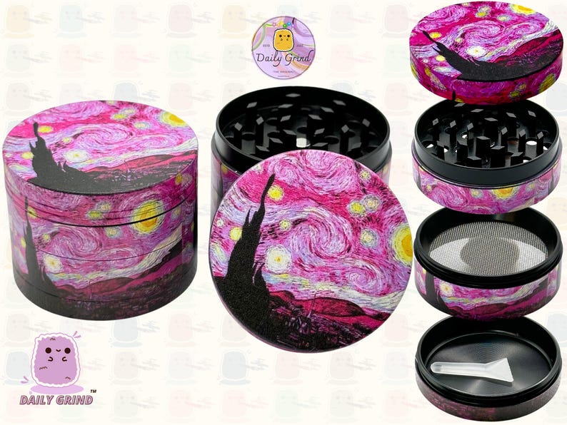 A four-piece metal Tobacco Grinder disassembled and showing all the different layers, the top two contain the grinding teeth and the bottom two are for storage. The grinder is designed with an artistic classic pink illustration of the night sky. the daily grind logo is in the corner of the image