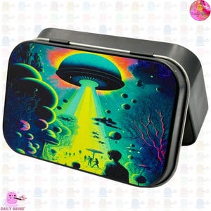 Außerirdische Entführung UFO Grün Scary 1 Unze Kristall/Schmuck/Münzen/Verstecken/Make Up/stationäre/Bits Stücke Deckel Metalldose Box Nettes Geschenk