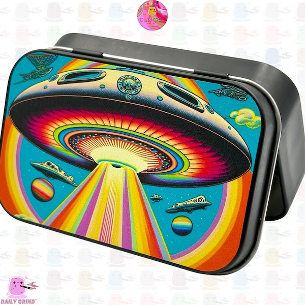 UFO Alien coloré mignon 1 oz noir cachette pièces cristaux bijoux charnière couvercle tabac boîte en fer blanc Idée cadeau mignonne