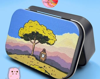 Small Metal Storage Tin Box with Hinged Lid - Sasquatch Chilling in Nature Cartoon Parody