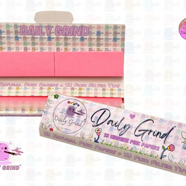 Daily Grind™ Pink Kingsize Rolling Papers with Roach Tips - High Quality, Super Cute! 33 Leaves + Filter Card.  Gift