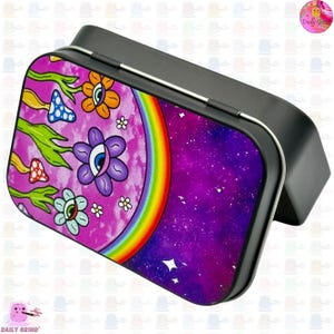 Słodkie fioletowe kwiaty tęczowe oko kawaii 1 uncja czarny kryształ/biżuteria/monety/skóra/makijaż/artykuły piśmiennicze/drobiazgi pokrywka metalowe pudełko blaszane ładny prezent