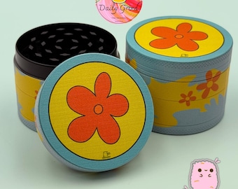 60's Flower Power Peaceful Hippy Nostalgie - 50 mm 4-teilige Metall Tabakmühle Geschenk