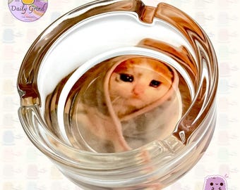 Heavy Glass Ashtray (8.2cm) - Sad Cat Meme Funny Kitten Novelty Gift