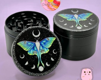 Lunar Moth Moon Cycles Butterfly - 50mm Custom 4-Piece Metal Tobacco Grinder - Christmas Gift